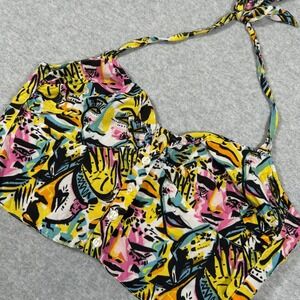 Monki Halter Top Womens Medium Artsy Abstract Festival‎ Button Front Cropped